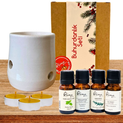 Buhurdanlık Seti Fresh - 4'lü Uçucu Yağ + Buhurdanlık + Mum - Hediye Kutusu