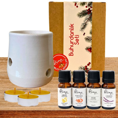 Buhurdanlık Seti Warm - 4'lü Uçucu Yağ + Tealight Mum - Warm Aromaterapi Hediye Kutusu